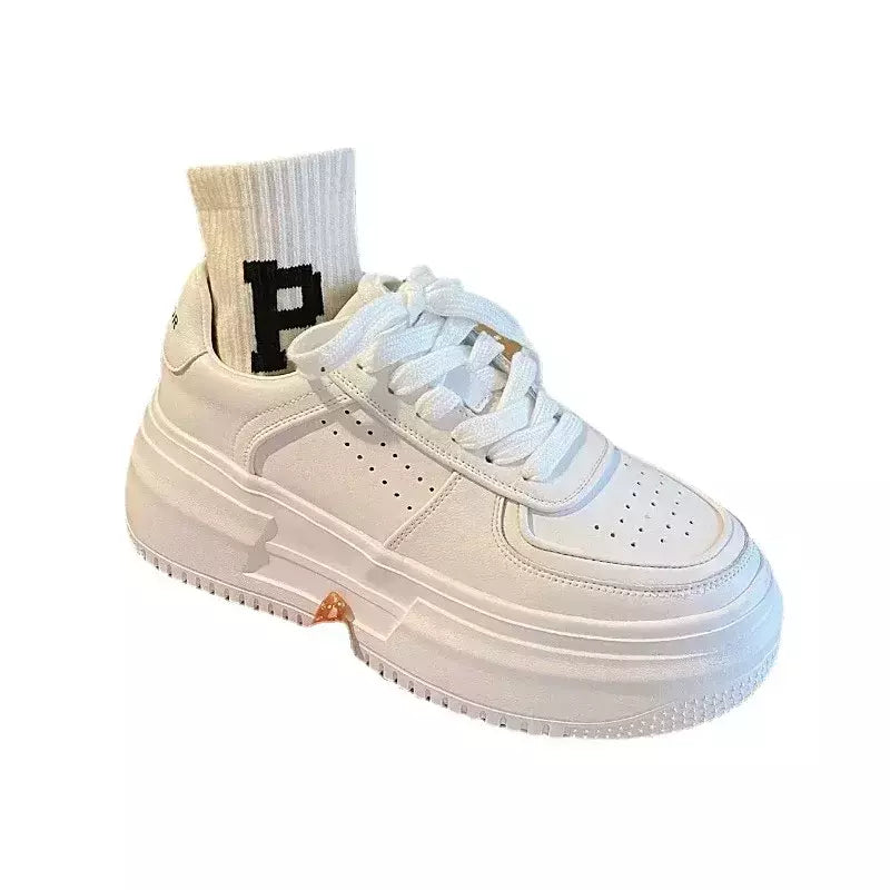 Tênis feminino vulcanizado em couro em U, sapatos casuais brancos, respirável, esporte, andar, correr, flats plataforma, novo, 2023