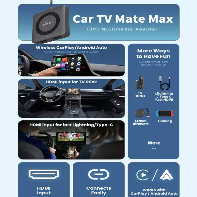 Otocast carro tv mate com fio para adaptador carplay sem fio android auto hdmi multimídia conversor de vídeo para tv varas caixa de jogo telefone