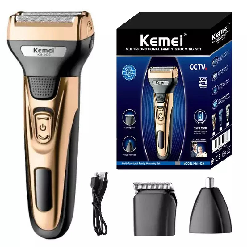Kemei-Kit de higiene elétrica para homens, aparador de pêlos de barba, barbear corpo, nariz e orelha, lâmina facial recarregável, 3in 1