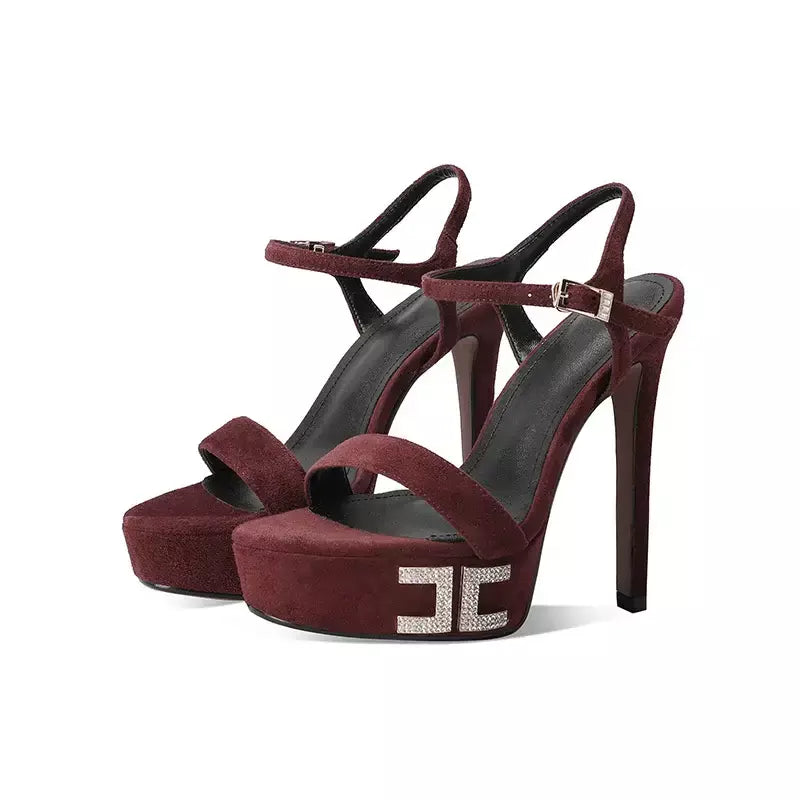 Arden furtado verão rosa ovelha camurça plataforma cristal banquete sapatos dedo do pé redondo super salto alto palavra-cingulate sandálias tamanho grande