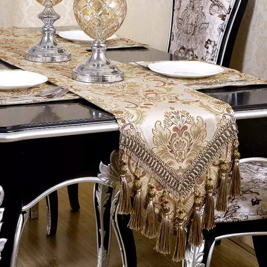 Corredor de mesa de luxo bordado moderno jacquard damasco floral corredores de mesa de luxo placemats jacquard mesa de café decoração borlas