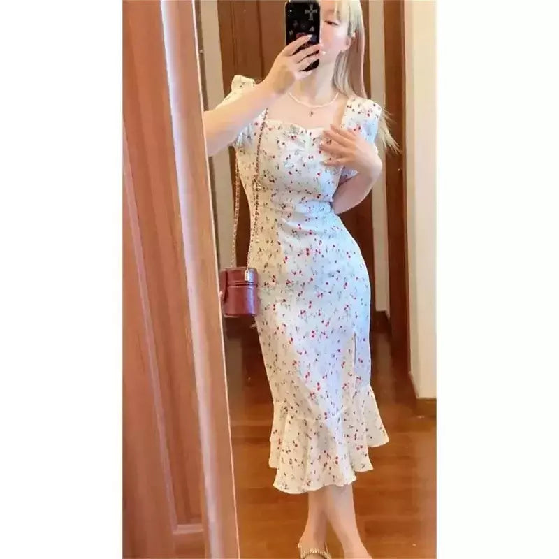 Vestido longo perfumado branco para mulheres, vestido sereia de fenda lateral, roupa emagrecedora para você, vestido de fada, novo, 2024