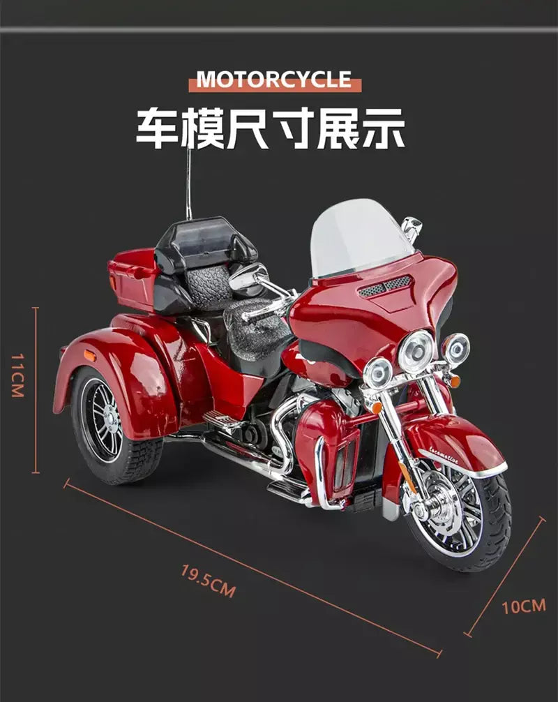 CVO-Tri Glide Alloy Motorcycle Model for Kids, Três Rodas, Cruzeiro, Viagem, Diecast, Lazer na Rua, Luz Sonora, Presente, 1:9