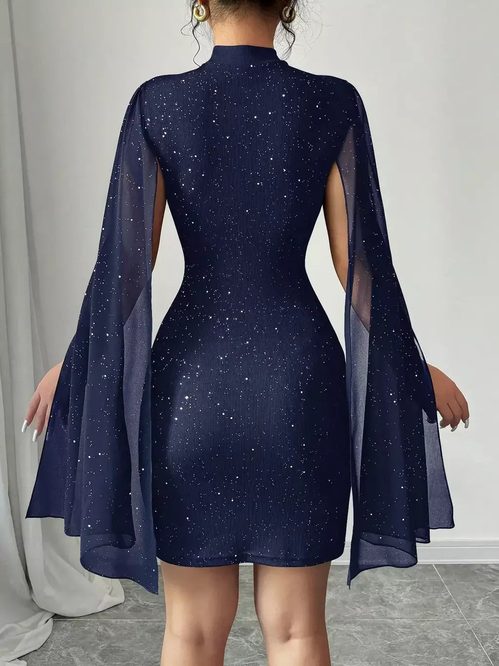 Sexy feminino gola capa mini vestido lantejoulas espumante clube festa noite fora cabido bodycon elegante outono inverno