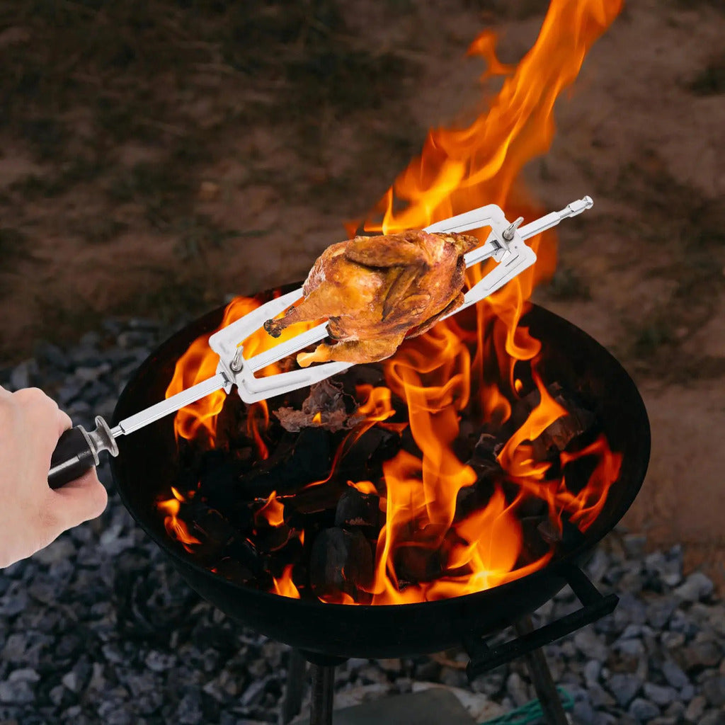 Garfo giratório de aço inoxidável para churrasco, garfos duplos para rotisserie de peru, parafusos de alça resistentes ao calor, grelha segura