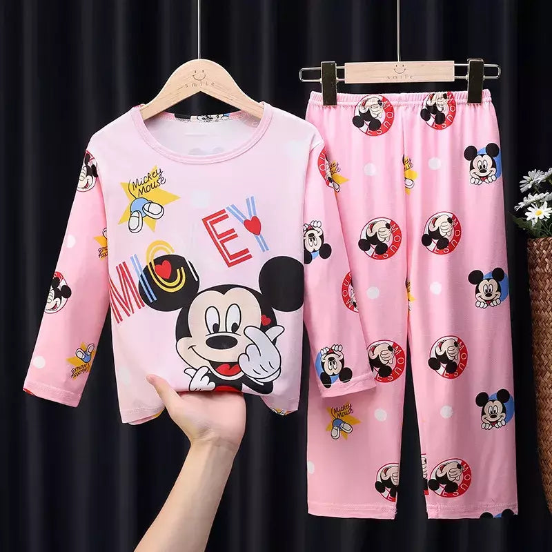 Conjunto de pijamas de manga comprida infantil, Winnie the Pooh Desenhos animados, Mickey e Minnie, menino e menina