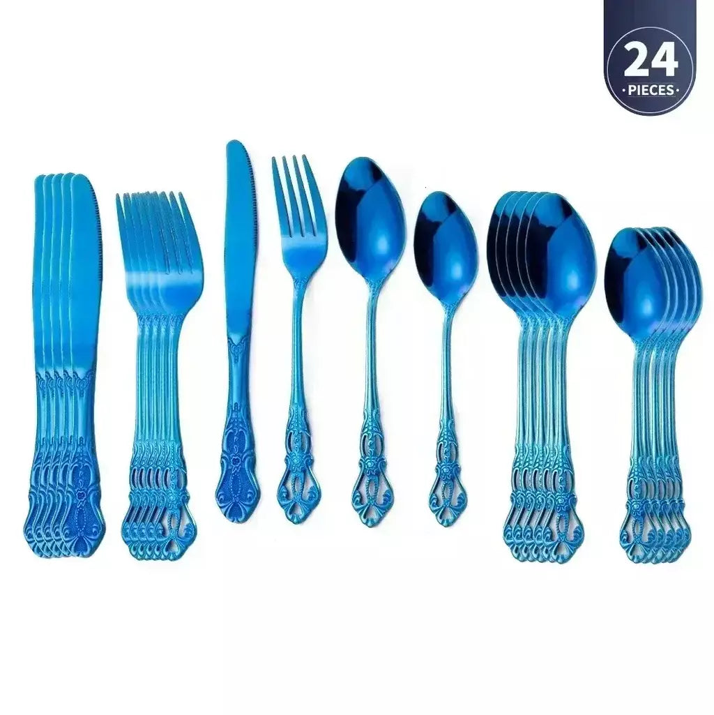 Conjunto de talheres de aço inoxidável dourado, colher europeia real, garfo, talheres completos, design retrô, seguro para máquina de lavar louça, talheres elegantes