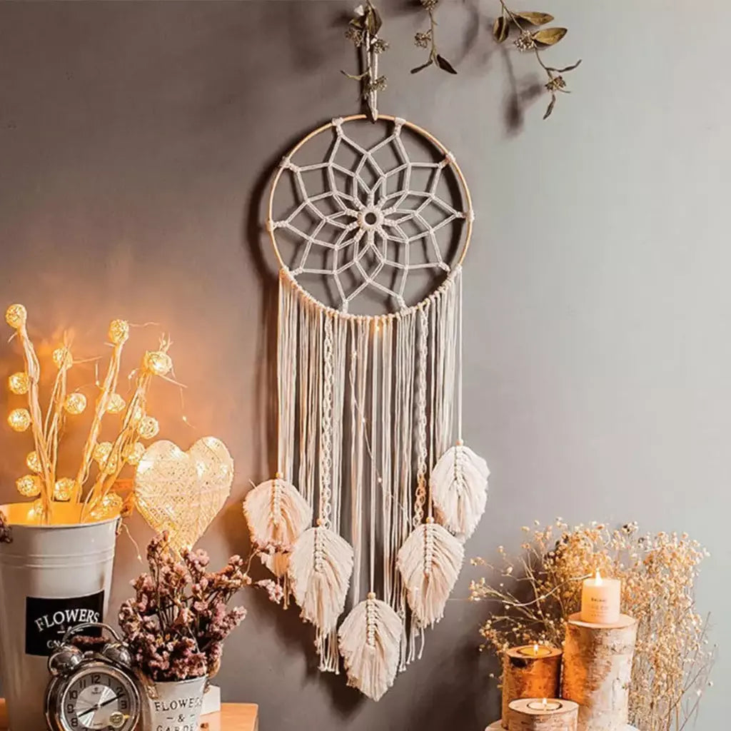 Macrame sonho apanhador boêmio folha parede pendurado decoração nórdica boho artesanal tapeçaria ornamentos para casa sala de estar decoração