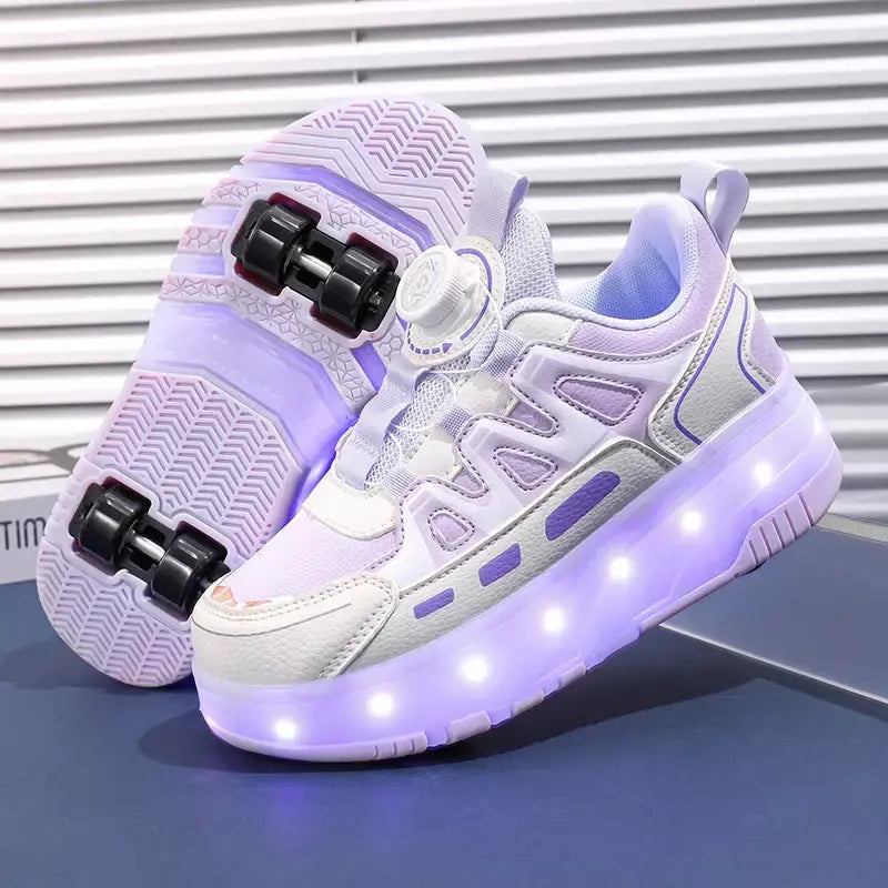Crianças quatro rodas luminosa brilhante tênis preto rosa led luz rolo sapatos de skate crianças sapatos led meninos meninas carregamento usb