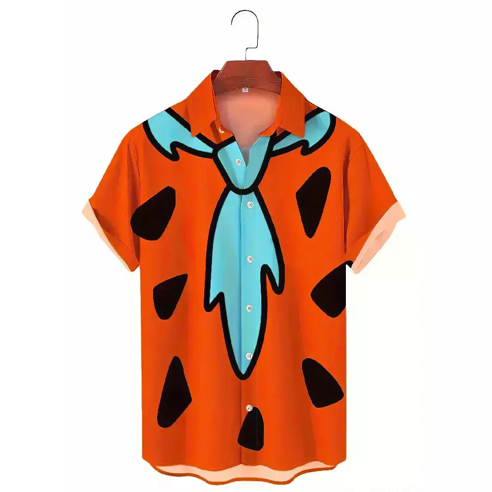 Flintstones dos desenhos animados gravata padrão camisa de manga curta, top extragrande na moda, rua hip hop, verão moderno