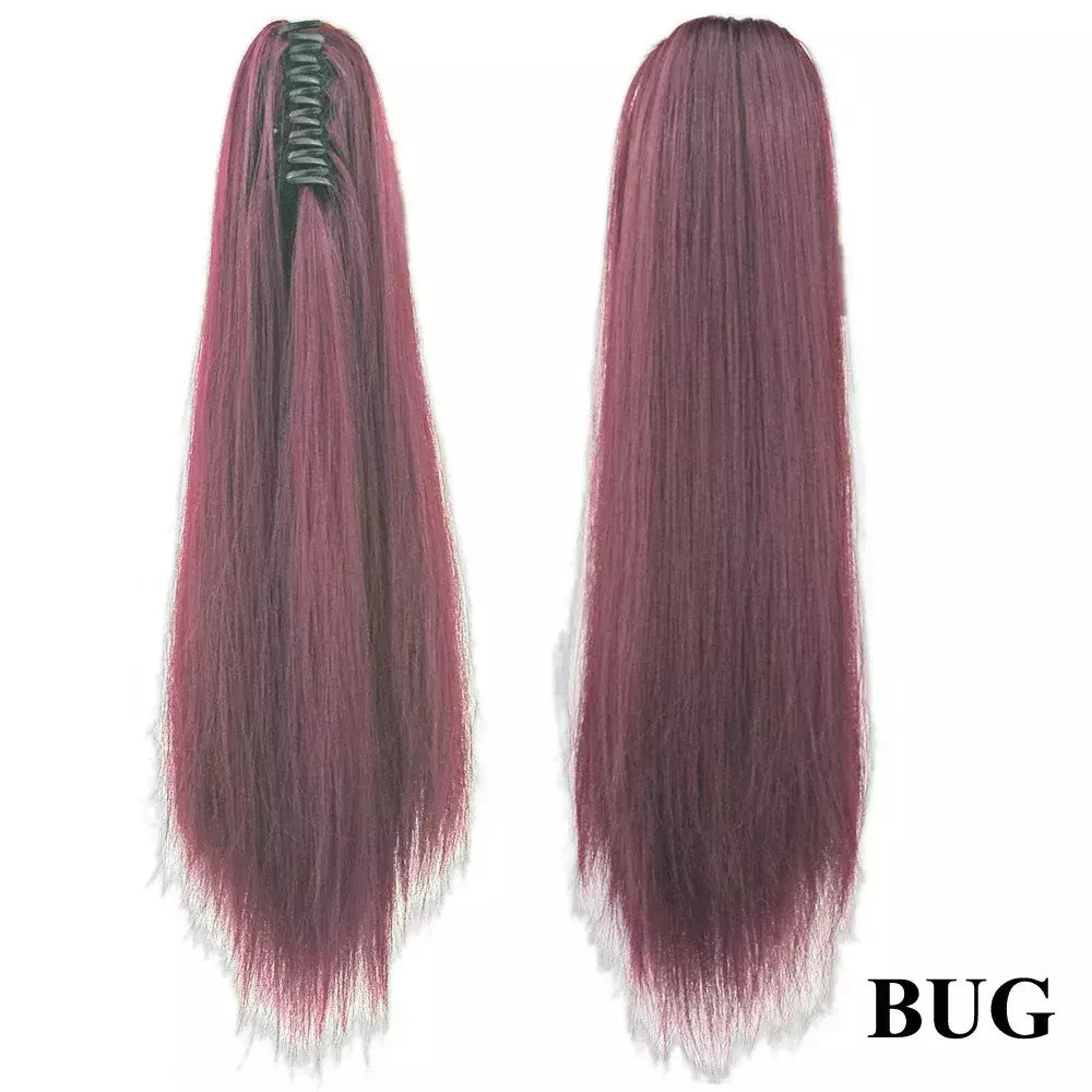 Longo reto sintético rosa ombre extensão do cabelo peruca garra rabo de cavalo pônei fada cauda falso peças de cabelo clipe na peruca