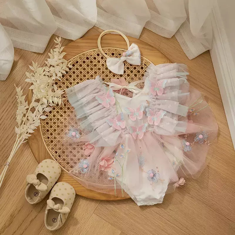 Baby Girls' Princess Mesh Sheer Romper, Summer Kids Party Clothes, Borboleta, Bordado de flores, Vestido de manga voadora, Headband