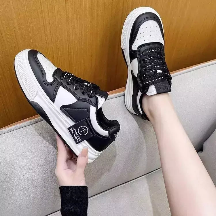 Tênis de fundo grosso feminino, tênis de tabuleiro, calçados esportivos, casual, combinando cores, cáqui, preto, branco, nova moda