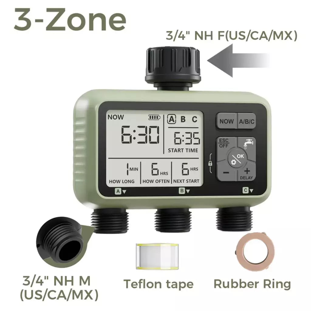 Diivoo temporizador de água para jardim, 3 saídas para mangueira de jardim, temporizador de irrigação automático programável ip54 com atraso de chuva, modo manual/automático