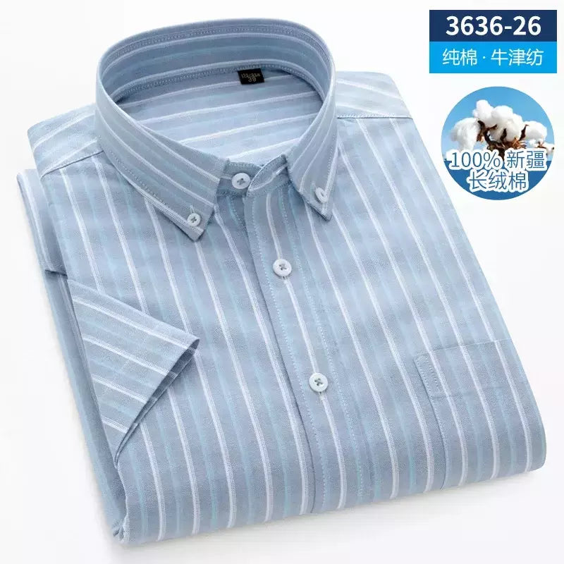 Camisas de manga curta masculina, camisas finas masculinas, blusa social e empresarial, camisa Oxford monocromática de alta qualidade, 100% algodão, verão