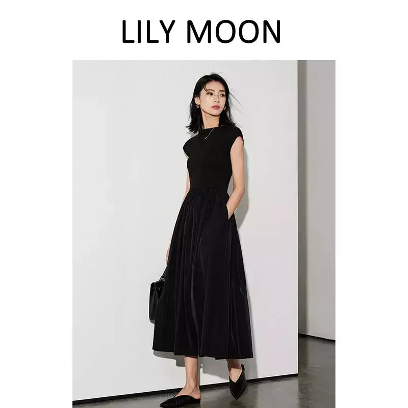 LILYMOON-vestido longo de emenda francês, saia de cintura alta, preto, fino, temperamento, cem, moda, verão