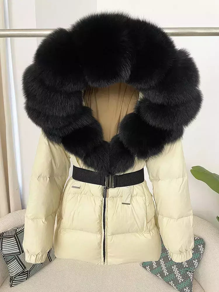 Oftbuy 2024 jaqueta de inverno feminina gola de pele de raposa natural real com capuz grosso quente 90% pato branco para baixo casaco feminino streetwear casual