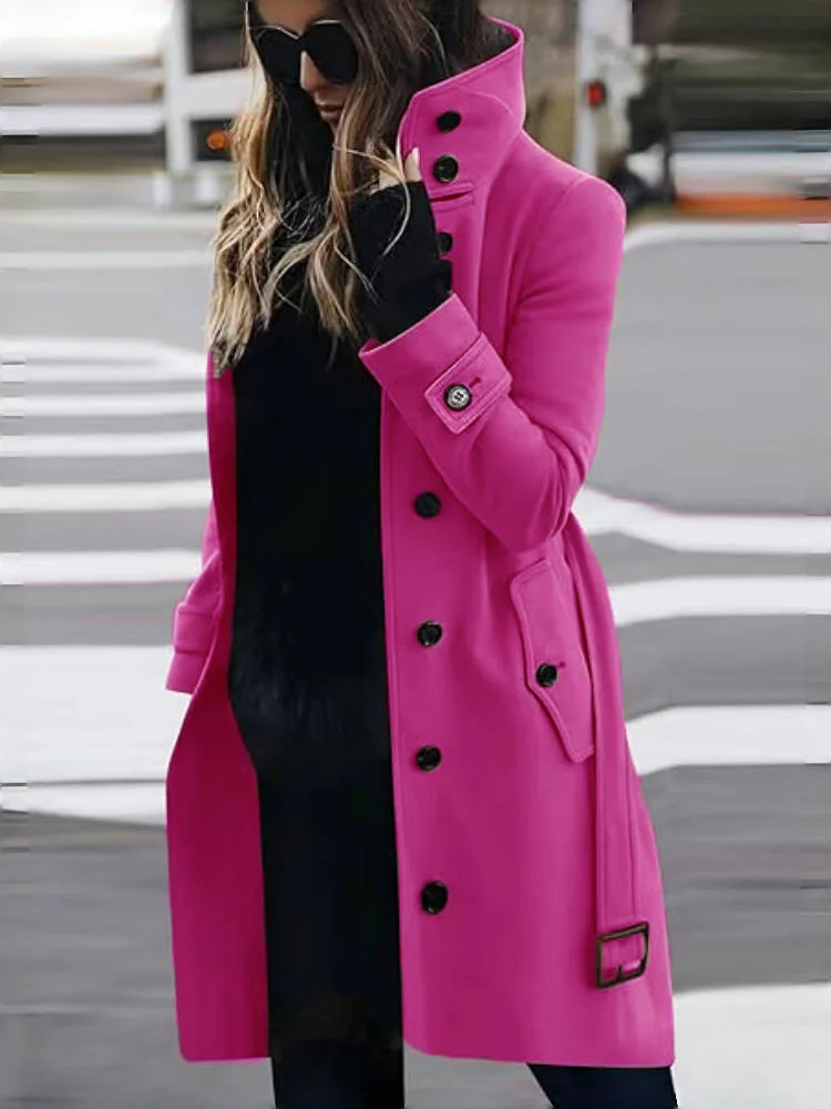 Casaco longo de gola virada para baixo de peito único feminino, casacos de lã, jaquetas femininas quentes, roupas de inverno