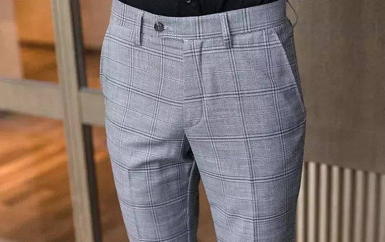 Xadrez masculino anti-rugas calças cortadas, roupas de grife casual, terno masculino reto, verão, fino, barato, designer, cheque, 9