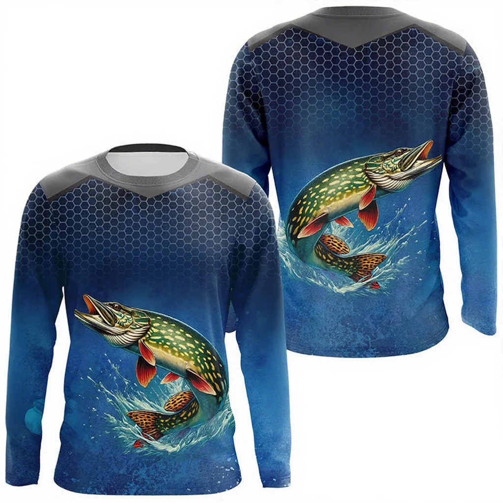 Azul camuflagem peixe-gato pesca em torno do pescoço roupas de pesca manga curta impressão casual respirável de secagem rápida absorvente de suor