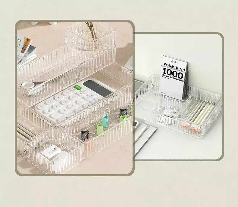 Conjunto de organizadores de gaveta de mesa ilimitados, plástico, armazenamento de banheiro, organizador de maquiagem, transparente, caixa de armazenamento, acessórios de cozinha