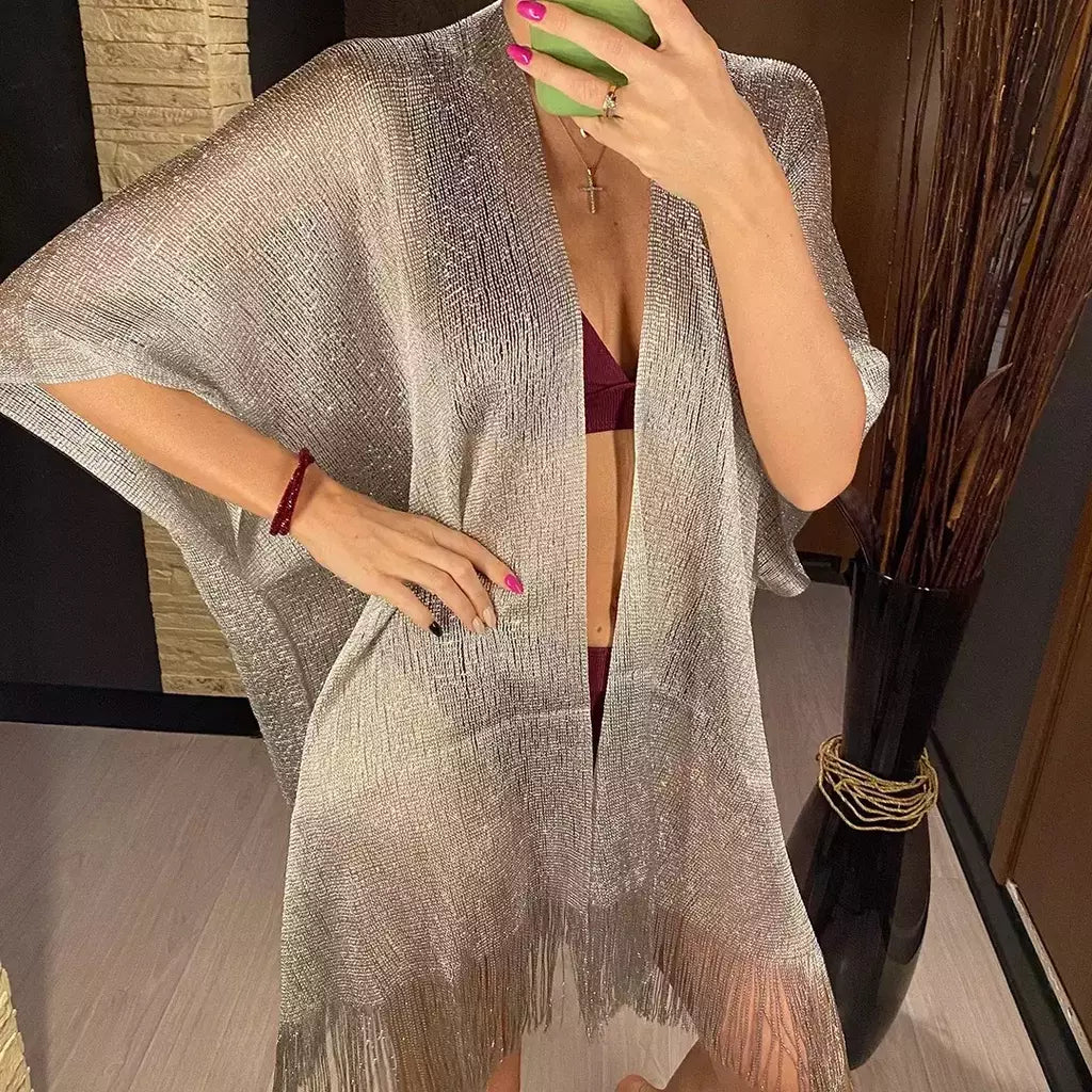 Moda borla ouro bikini cobrir sexy vestido de praia túnicas para mulheres beachwear verão cover-ups kaftan vestido de noite xales