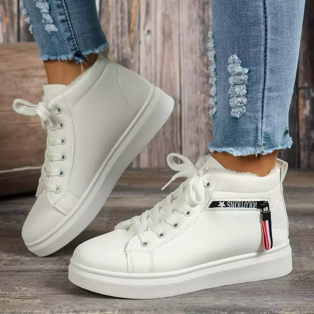 Botas de pelúcia quente PU para mulheres, sapatos de inverno, apartamentos, rendas, botas de neve curtas, senhoras, 2022
