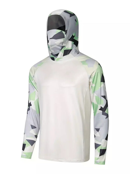 Camisa de pesca com capuz respirável masculina, top absorvente de umidade com polaina de pescoço UV e máscara facial integrada para atividades ao ar livre