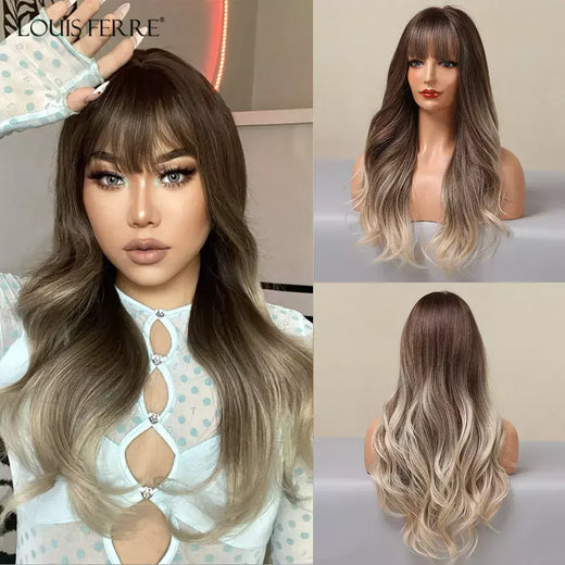 Louis ferre longo ombre loira perucas sintéticas com franja para mulheres onda natural penteado fibra resistente ao calor cosplay perucas marrons