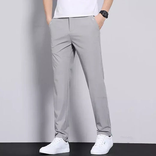 Calças casuais masculinas elásticas ultrafinas verão de secagem rápida seda gelo magro em linha reta negócios cor sólida preto cinza