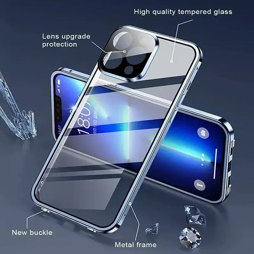 Transparente 360 ° Proteção total de metal magnético dupla face vidro imprensa caso de telefone para iphone 16e 16 pro max 14 13 12 15 pro max caso