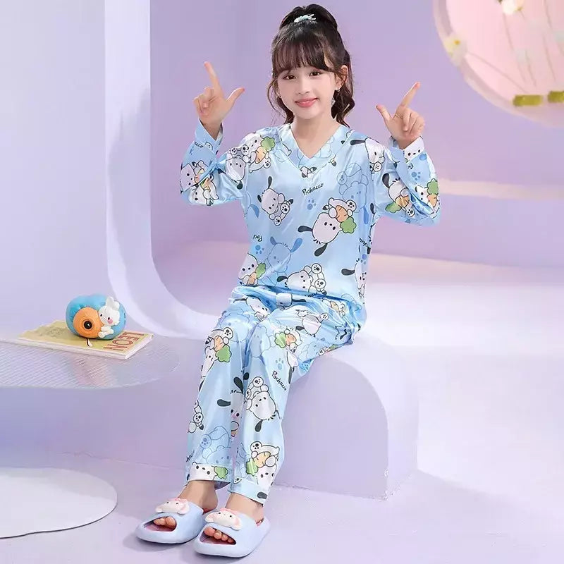 Ice Silk infantil Conjunto de Pijamas de manga curta, Pijamas gola V, Anime Sanrio Kuromi Minha melodia Desenhos animados, Cinnamoroll Menina, Cinnamoroll