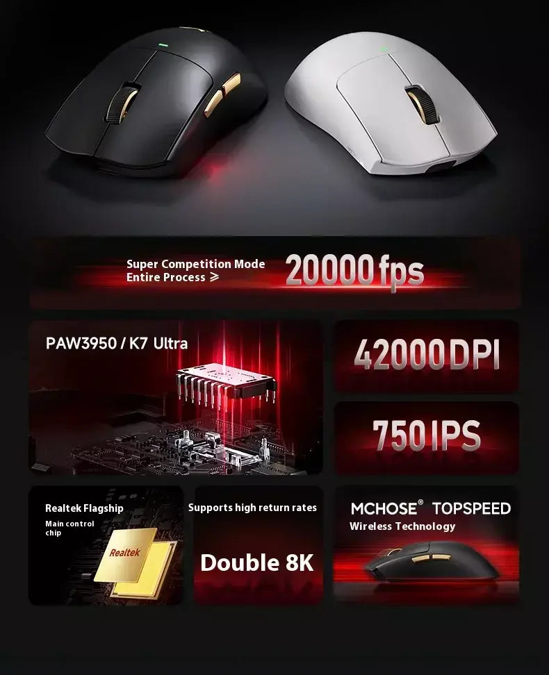 Mouse para jogos ultraleve MCHOSE K7, sem fio Esports 8K com carregamento magnético, sensor PAW3950