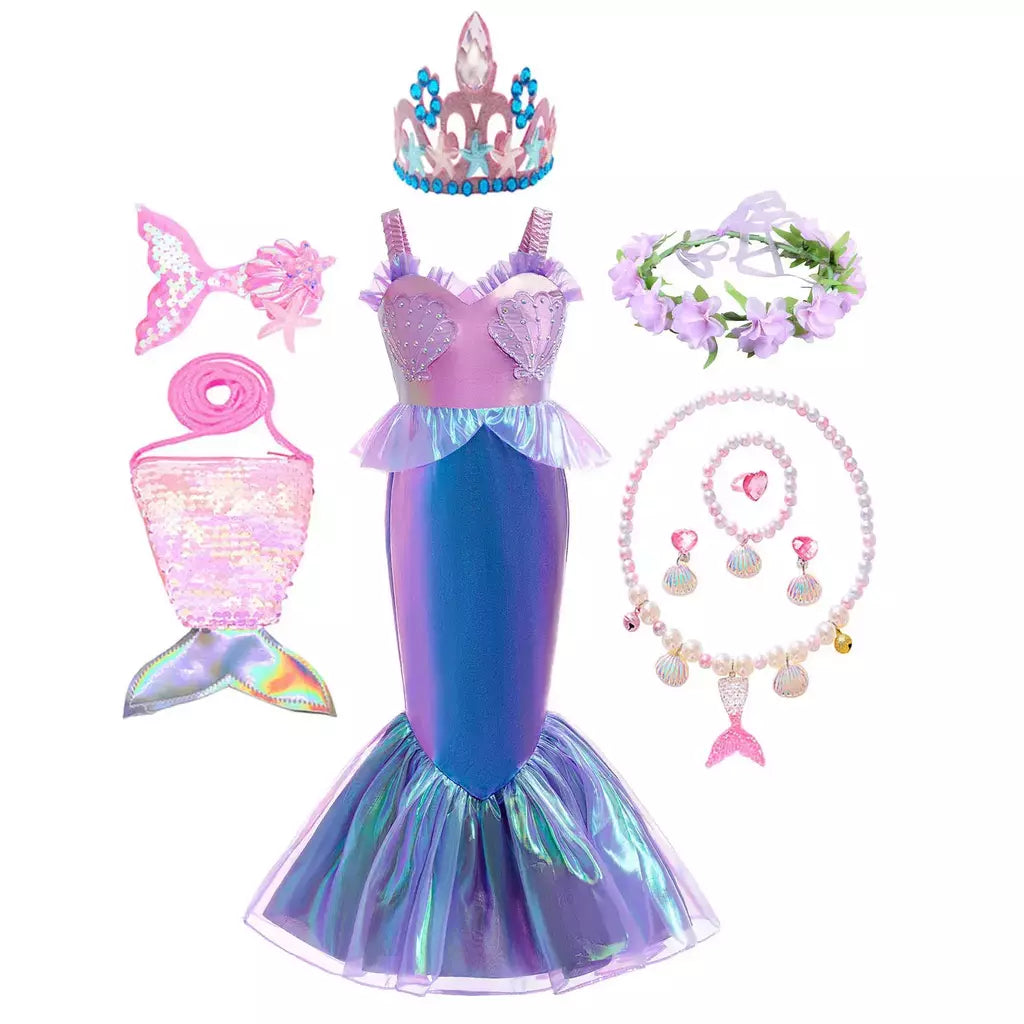 Meninas roxo-azul sereia ariel cosplay vestido de halloween vestido de festa de aniversário meninas praia vestido de férias