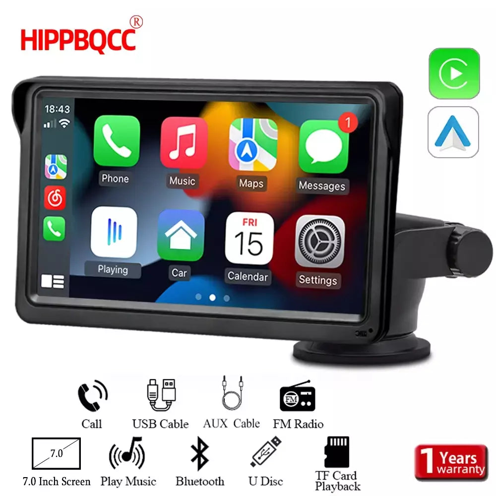 Hippbqcc carplay android auto rádio do carro reprodutor de vídeo multimídia tela toque portátil de 7 polegadas com aux para câmera de visão traseira