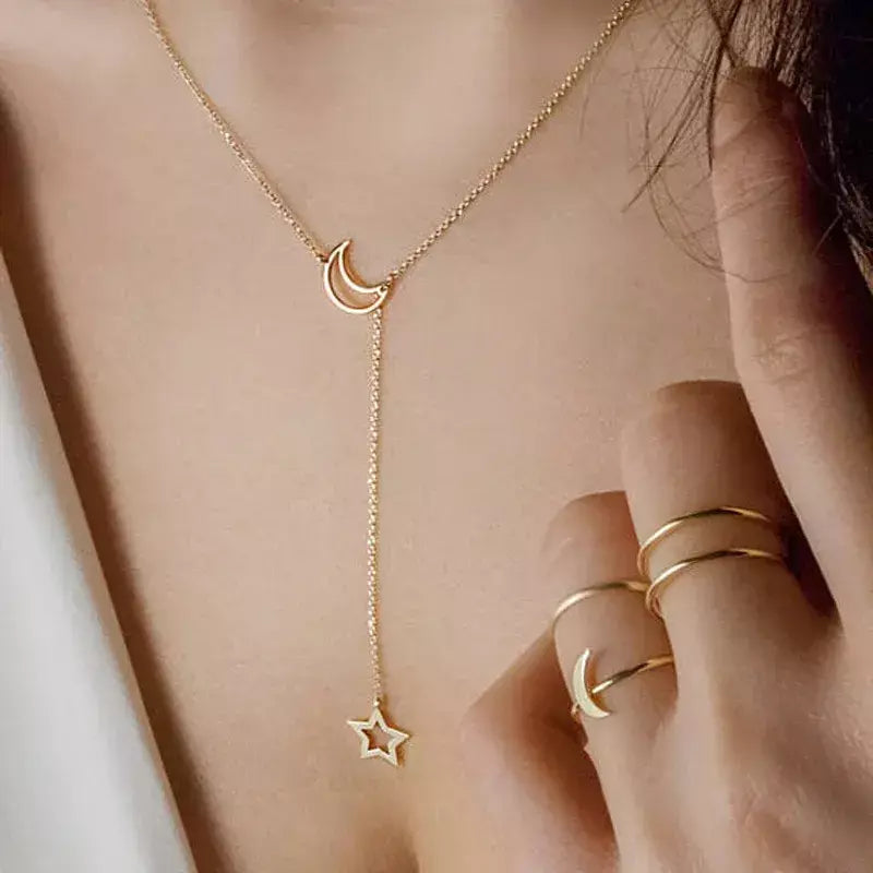 Novo simples lua estrela pingente gargantilha colar simples cor de ouro liga charme corrente colares para mulheres festa jóias