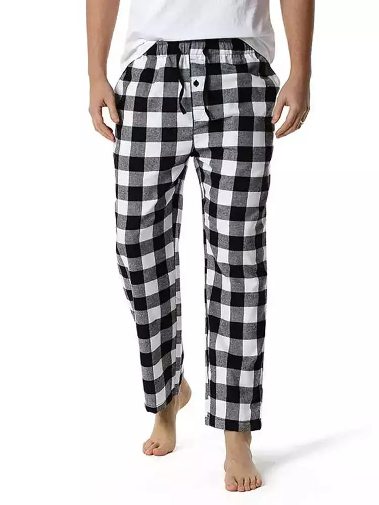 Branco preto xadrez pijama calças inferiores homens relaxando confortável macio algodão flanela casa wear respirável flanela pijama homme