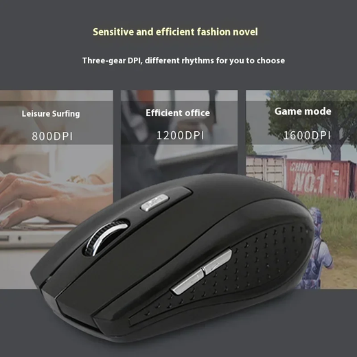 Mouse silencioso sem fio 2.4G, mouse óptico portátil de escritório alimentado por bateria com níveis de DPI ajustáveis, adequado para laptops.