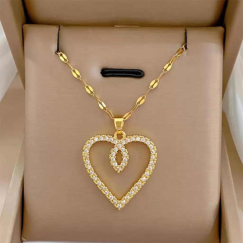 Colares Coração de Zircônia em Aço Inoxidável Mulheres Colar Metal Cor Dourada Festa de Aniversário Joias Diárias para meninas, Trendy and Love