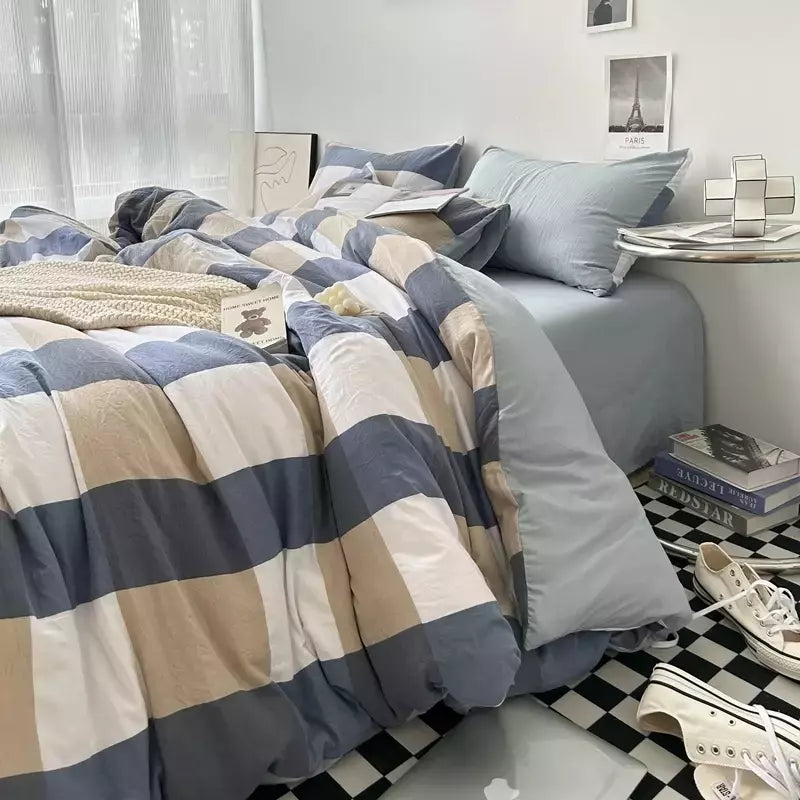 Conjunto de roupa de cama de algodão lavado, listrado, grade, lençol minimalista, consolador, capa de edredão rainha, duplo para meninos e meninas