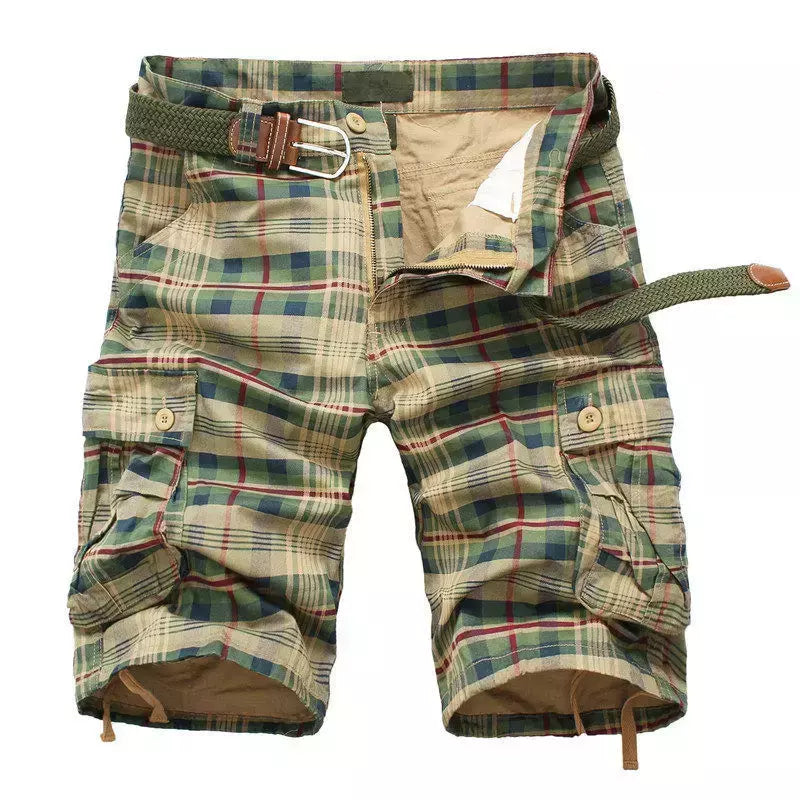 Shorts de praia xadrez casual masculino, calça curta militar, bermuda masculina, macacão de carga, sem cinto, moda, verão, 2024