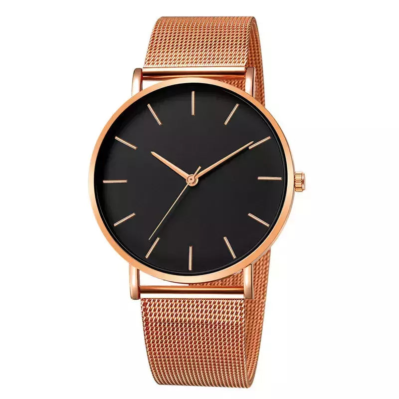 Relógio de pulso de malha de aço inoxidável feminino, feminino Fashion, Casual, Simples, Quartzo, Hora de Metal, Feminino, Preto