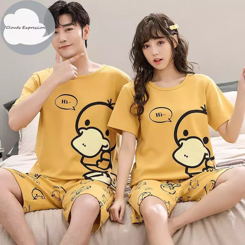 Desenhos animados pato impressão pijama conjuntos para jovens amantes, pijamas de algodão, ternos curtos para casais, moda homewear, verão, 4XL