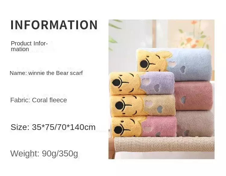 Winnie Bear Bath Towel Set para Crianças, Macio e Absorvente, Coral Velvet, Home Wash, Desenhos animados