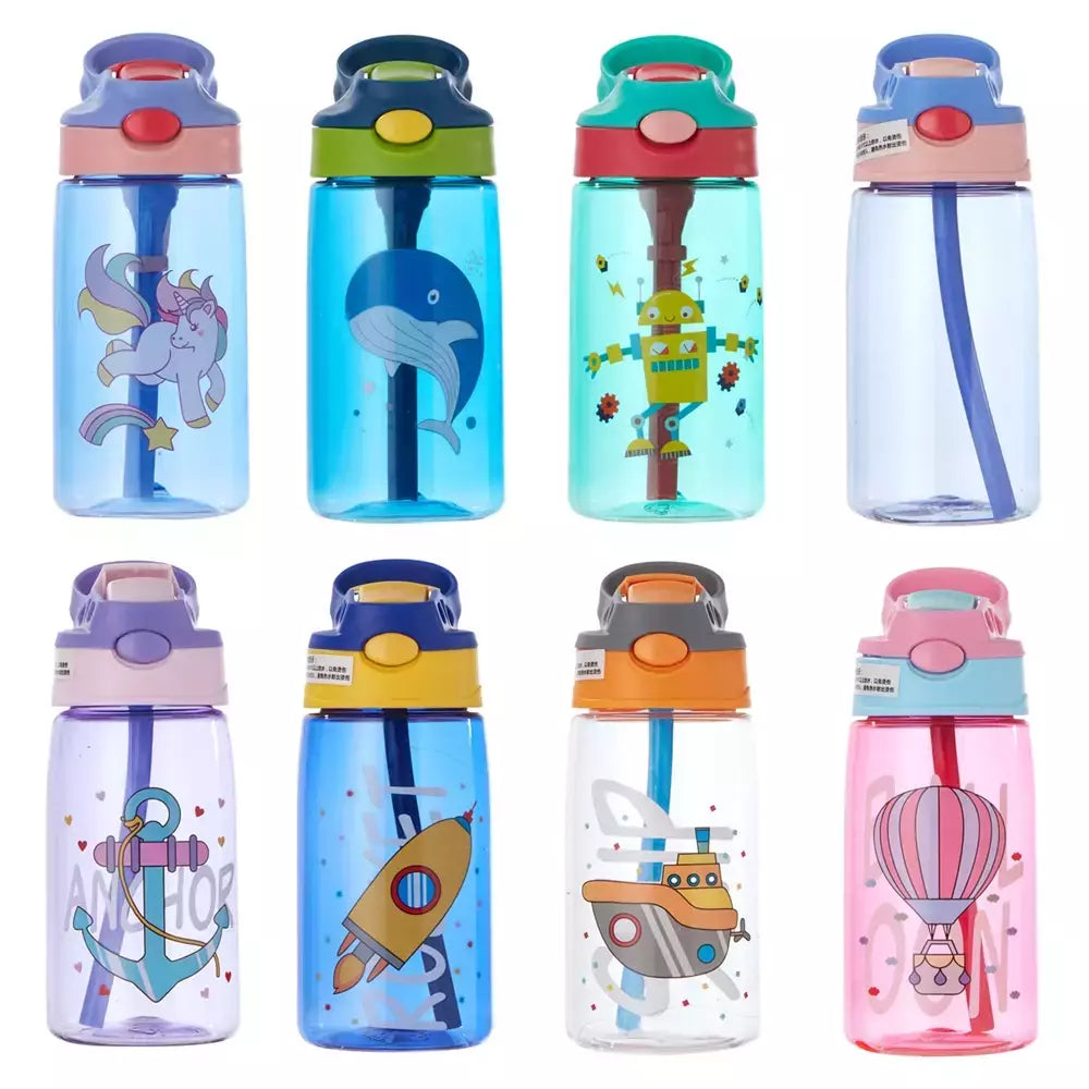 Bebê criativo dos desenhos animados alimentando copos com canudos, garrafas de água infantis, copos portáteis ao ar livre, à prova de vazamento, 480ml