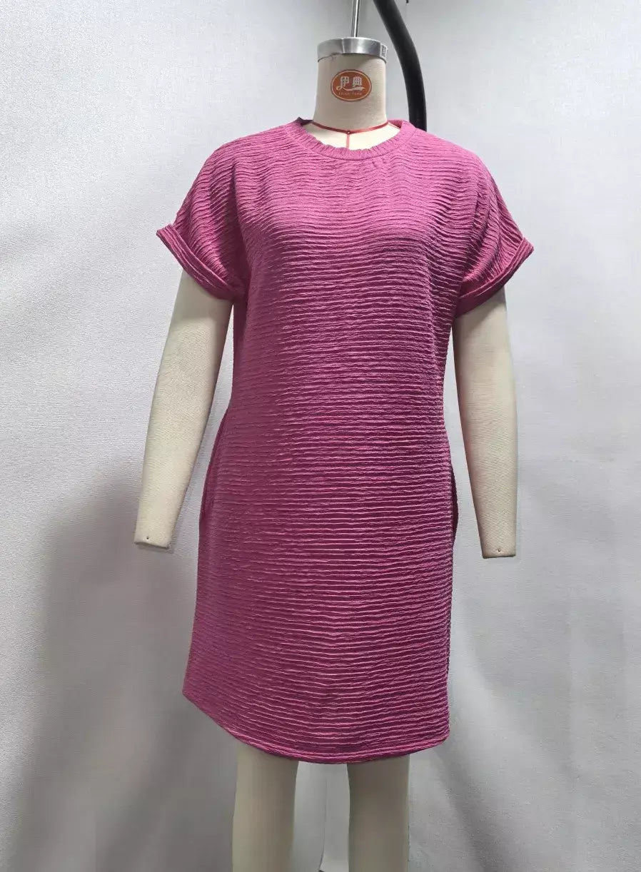 2026 robe femmes soiree manga curta em torno do pescoço mini vestido de cor sólida das mulheres bolso novo solto escritório deslocamento versátil vestido