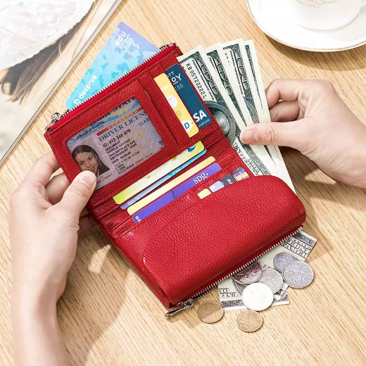 Genuína Couro De Vaca Carteira Curta Para Mulheres, Trifold, Pequenas Bolsas, Clutch Couro De Vaca, Titular Do Cartão, Carteiras Do Cartão De Viagem