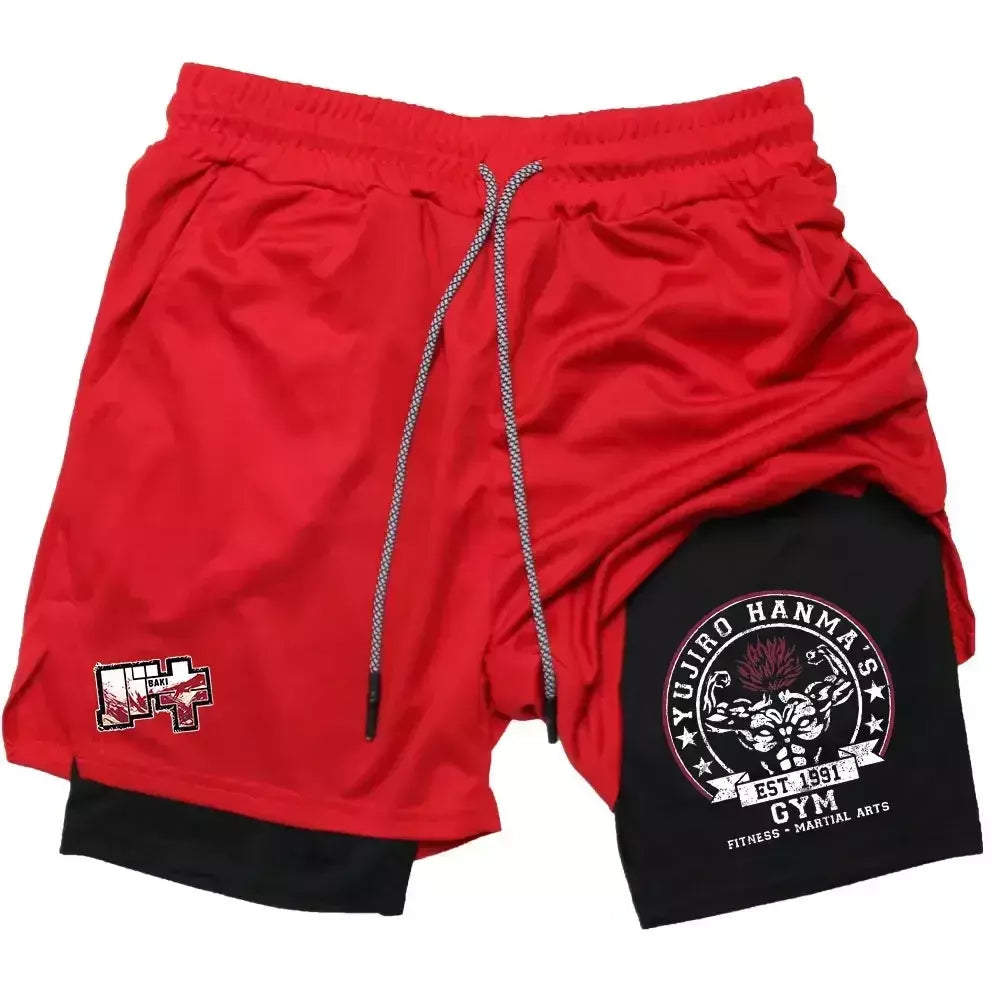 Masculino Anime 2 em 1 Calções Esportivos, Calções de Compressão Atlético Calças de Treino Fitness Running Sportwear, Desempenho Ginásio