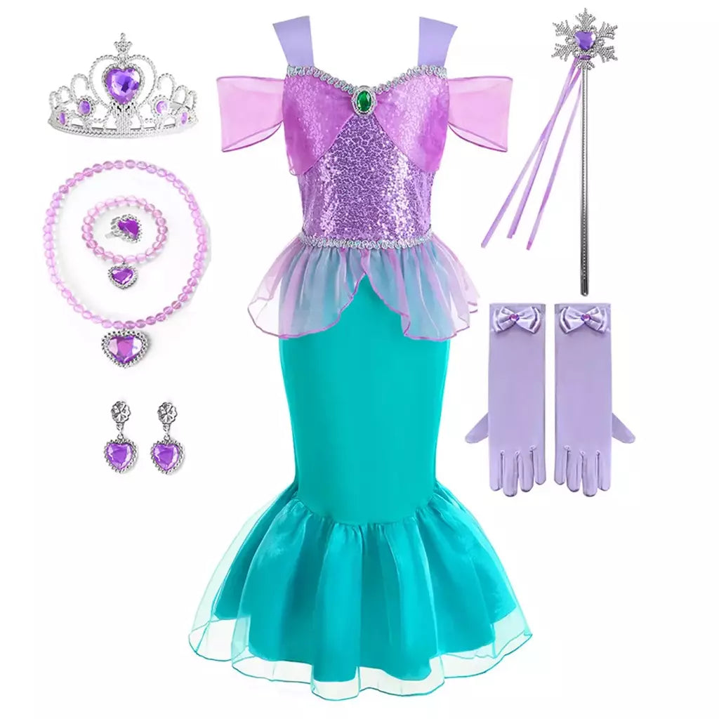 Meninas roxo-azul sereia ariel cosplay vestido de halloween vestido de festa de aniversário meninas praia vestido de férias