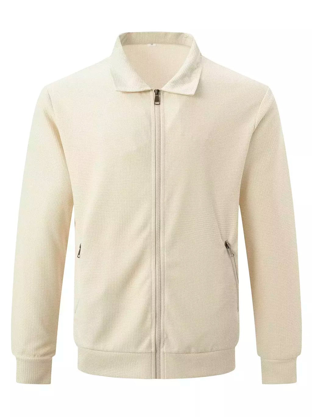 Jaqueta waffle de manga comprida masculina, monocromática, com zíper, bolso, cardigã lapela, gola polo casual, outdoor wear, primavera e outono